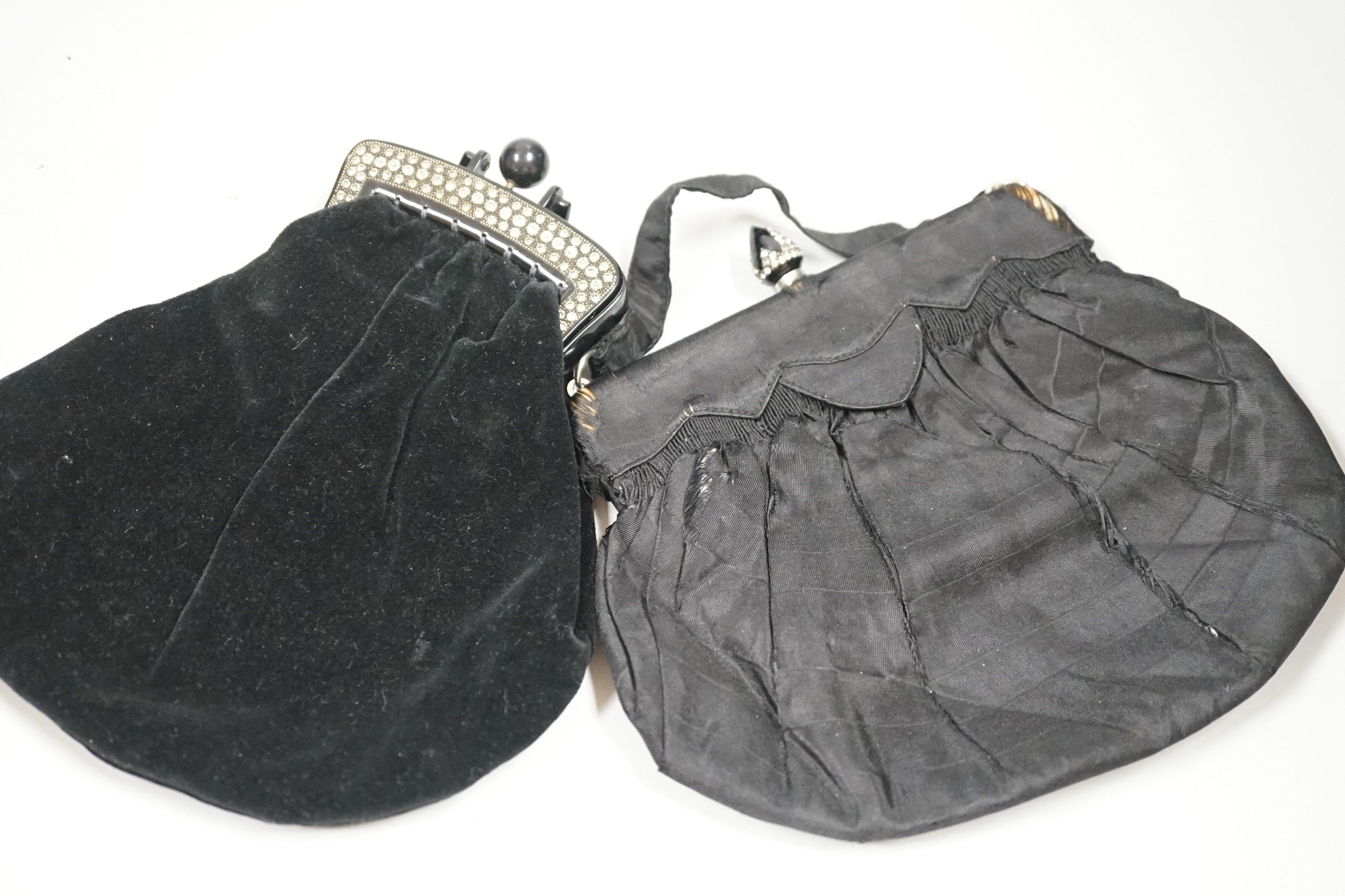 A 1930’s evening bag with silver frame, seven 1930’s-40’s evening bags with diamante encrusted Bakelite frames and clasps, a costume jewelled bag and two gilt and sequin bags